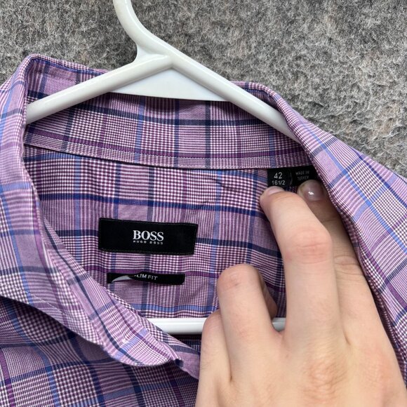 Hugo Boss Dress Shirt Men 16.5 42 Pink Button Down Windowpane Dress Slim Classic - Picture 6 of 10